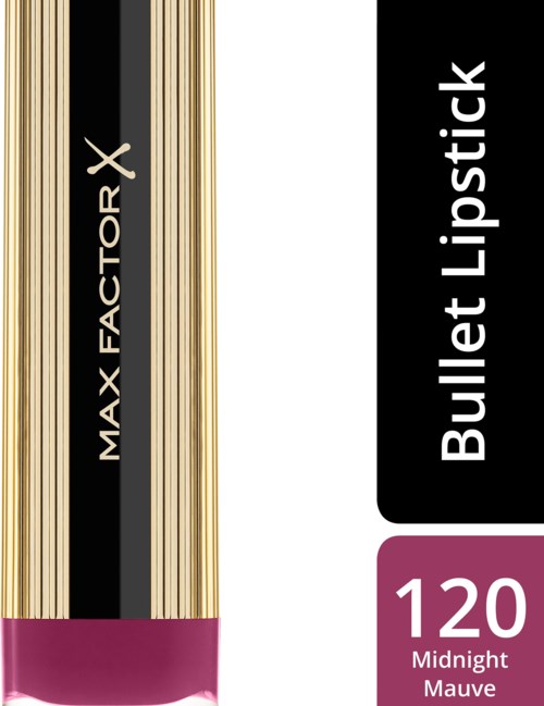A tube of Bullet Lipstick, Midnight Mauve shade, with Max Factor branding, and a gold and black design.