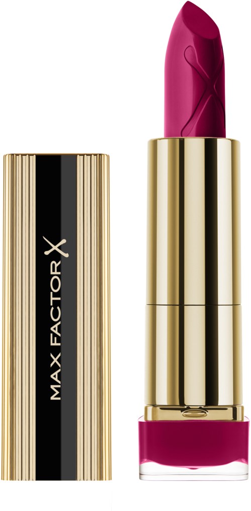 En rosa läppstift med ett guld- och svart fodral, märkt MAX FACTOR X, står upprätt.