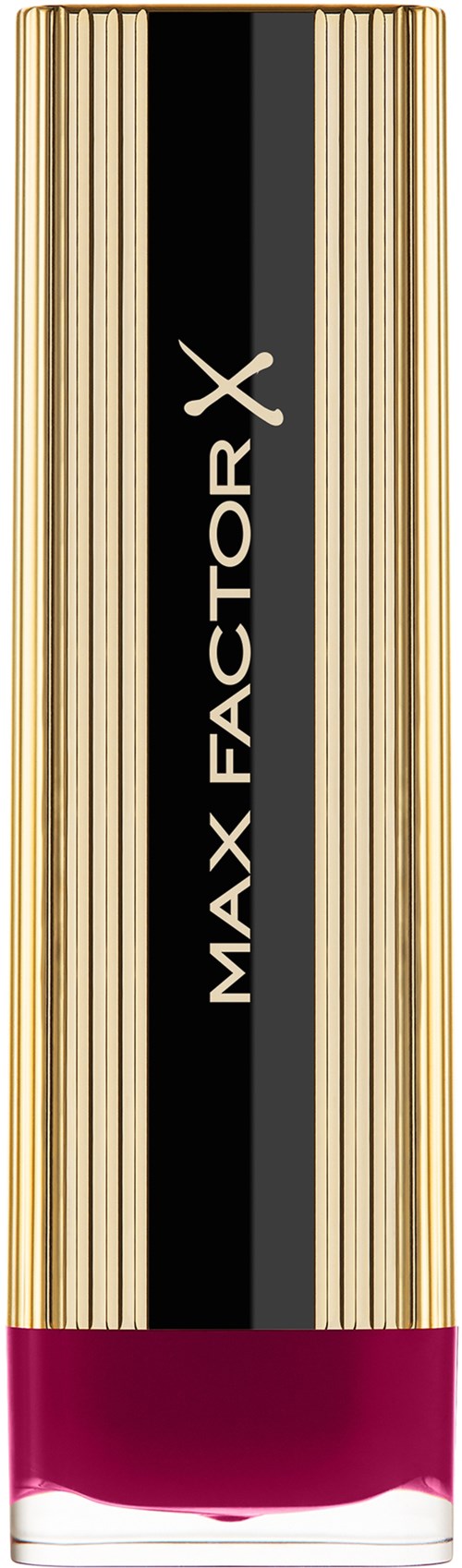 Huulipunan kumi mustan, kullan ja pinkin väreissä, ja siinä lukee "MAX FACTOR X".