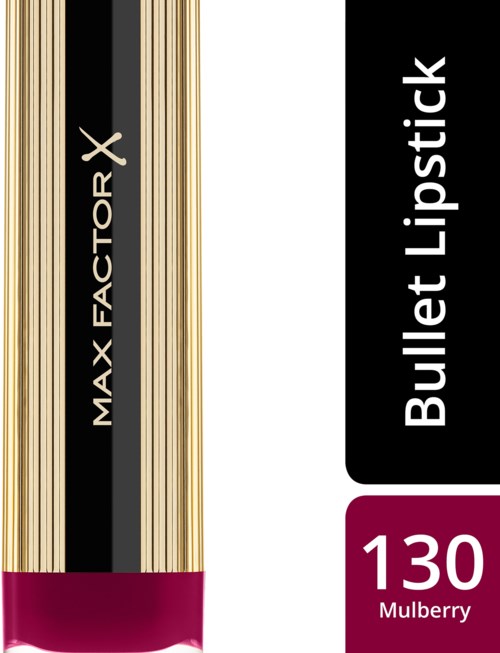 Huulipuna, jossa on 'Max Factor X Bullet Lipstick' -merkitty musta, kulta ja pinkki, sävy '130 Mulberry.'