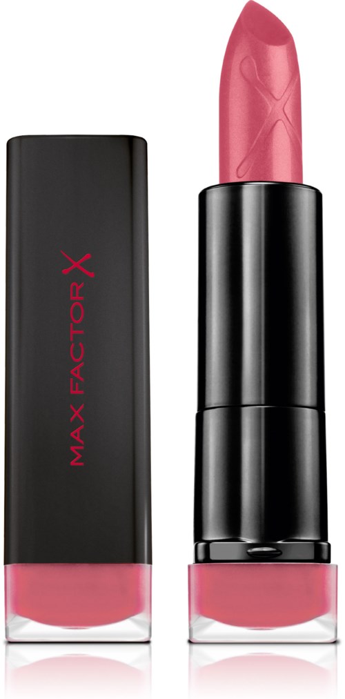 Läppstift i rosa i en svart tub med en separat matchande förpackning, märkt Max Factor X.