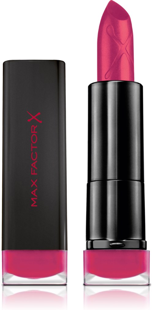 Ett rosa läppstift i en svart tub, med en matchande förpackning märkt 'MAX FACTOR X'.