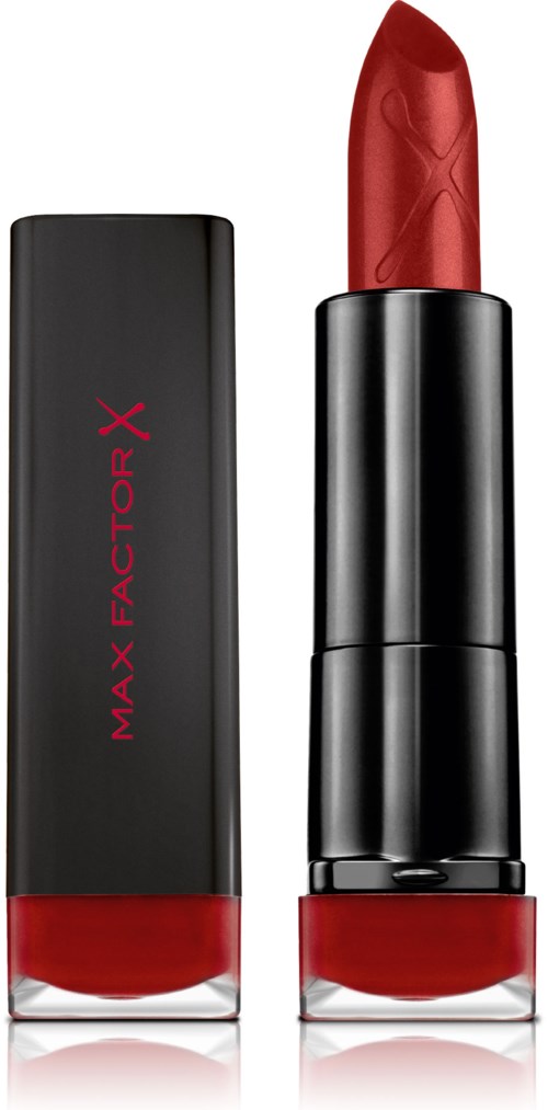 Röd läppstift med svart skal och röd botten, kallad MAX FACTOR X.