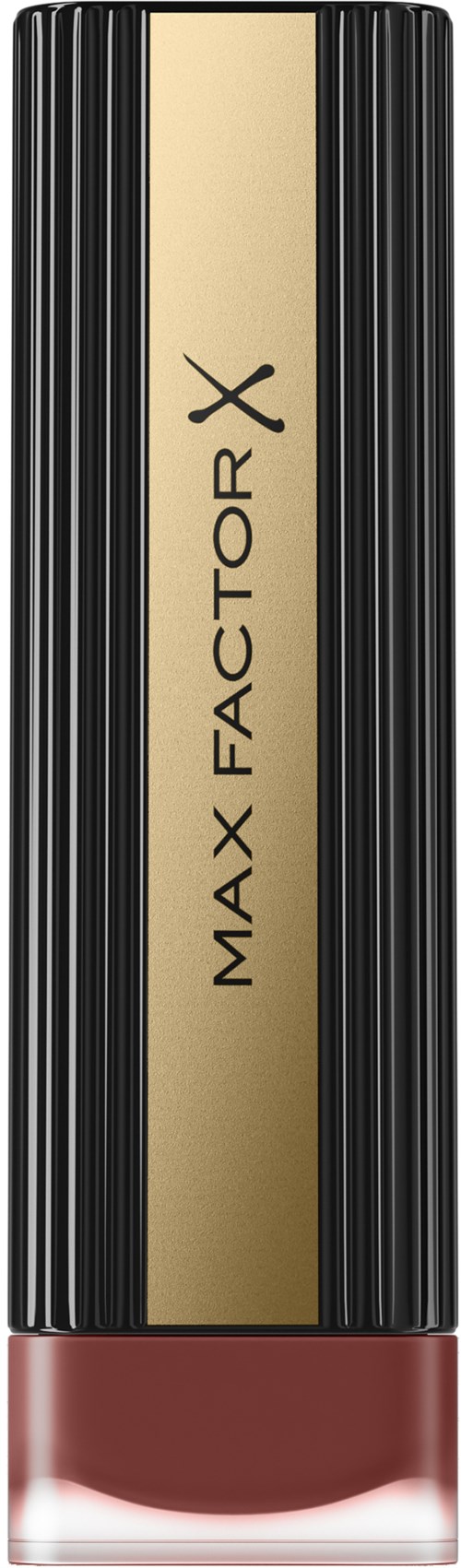 Ett läppstift med svart och gulddesign och varumärket Max Factor X skrivet på det.