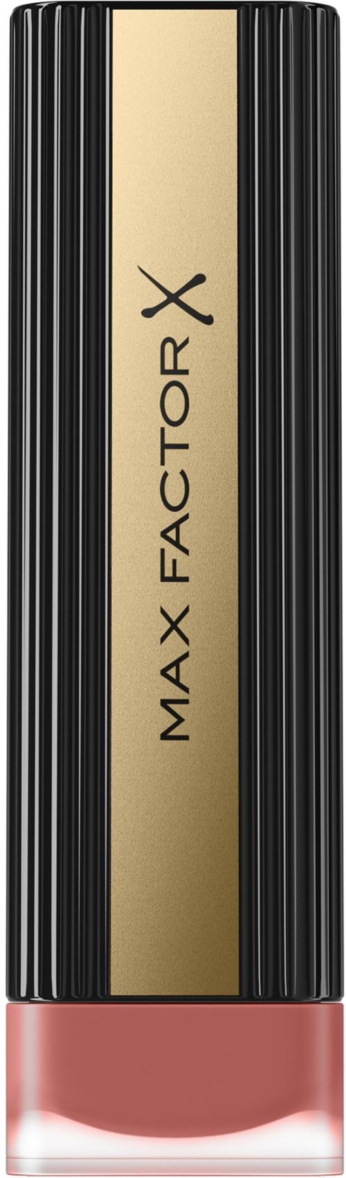 A lipstick with black and gold packaging and a pinkish hue at the bottom.