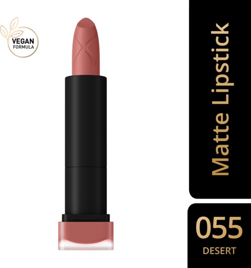 A matte lipstick in shade Desert 055 with vegan formula, black casing, and beige cap.