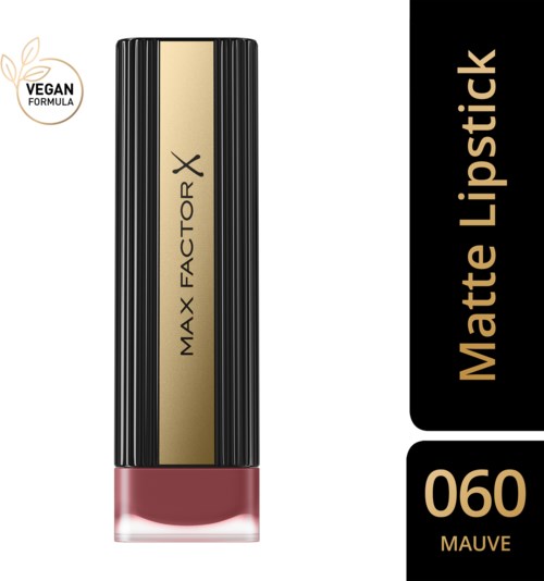 En läppstift med svart och guld förpackning, märkt MAX FACTOR X Matte Lipstick 060 Mauve, veganskt formula.