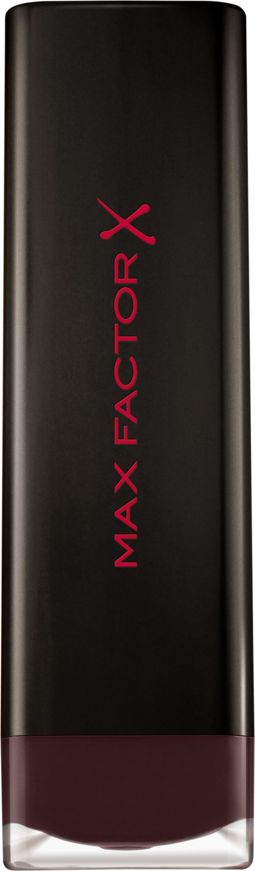 Ett svart och mörkrött läppstift i tub med texten 'MAX FACTOR X' skriven i rött vertikalt.