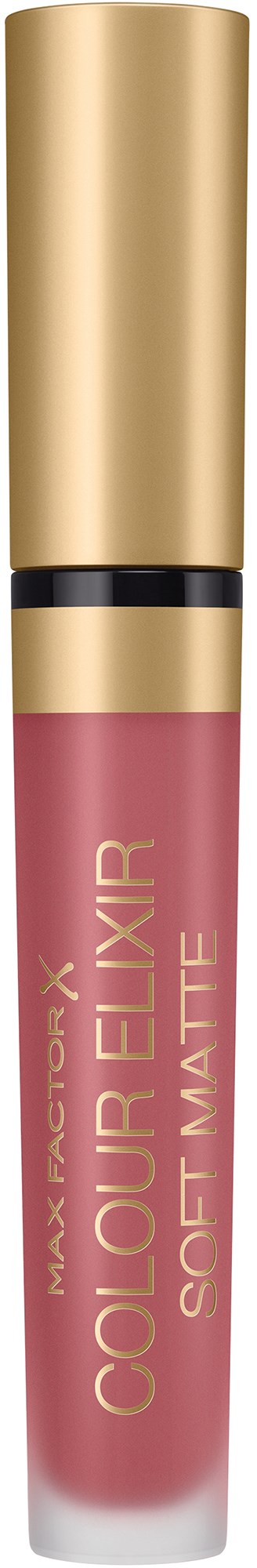 Een lipglosshuls met een gouden dop en roze tint, genoemd Colour Lip Elixir van Max Factor.