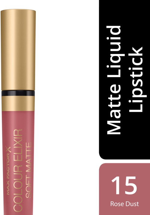 Een tube Max Factor Colour Elixir zacht mat vloeibare lippenstift in Rose Dust, met gouden deksel en zwarte band.