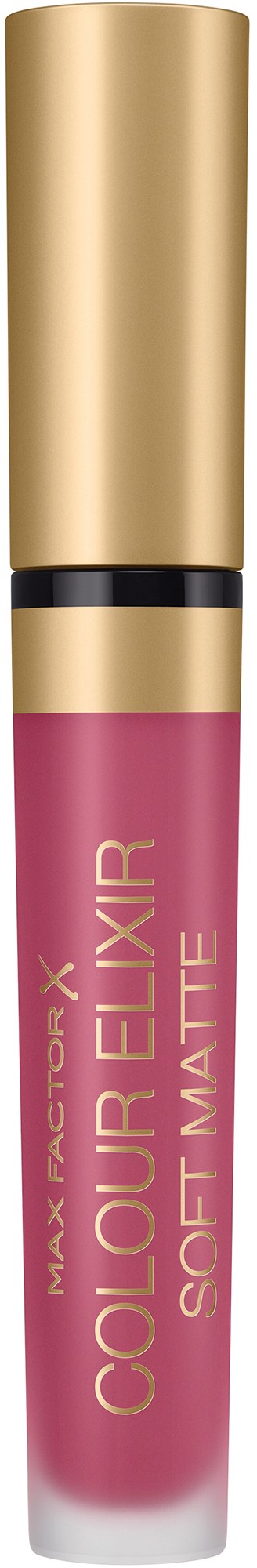 Een roze lipgloss tube met een gouden dop en zwarte band, gemerkt "Colour Elixir Soft Matte."
