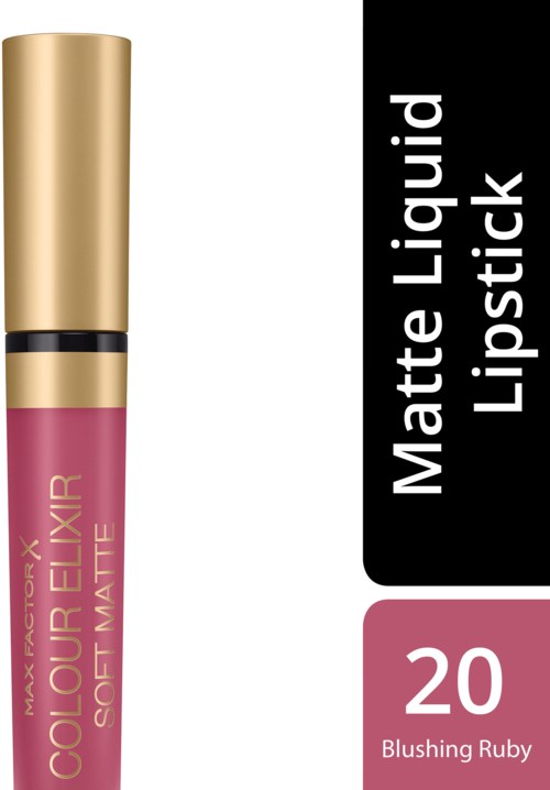 Een goudkleurige en zwarte lippenstiftverpakking met roze onderkant, gemarkeerd 'Blushing Ruby' en 'Matte Liquid Lipstick'.