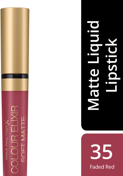En matt flytande läppstiftrör med guldlock, rosa färg och text om nyansen 35 Faded Red.