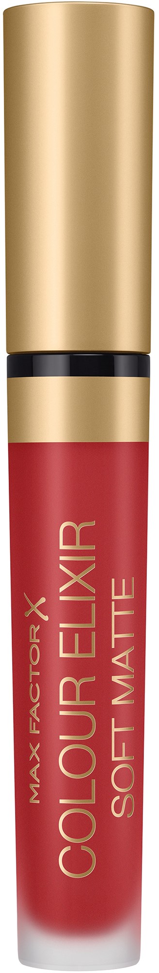 Rote und goldene Lippenstifthülse mit schwarzem Akzent, beschriftet Max Factor Colour X Elixir, Soft Matte.
