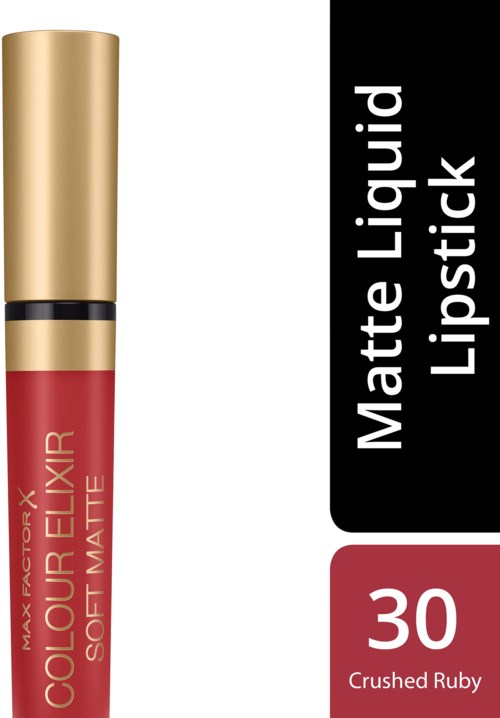 Matte flüssiger Lippenstift in Gold und Rot, mit der Bezeichnung 'Crushed Ruby' und der Nummer 30.