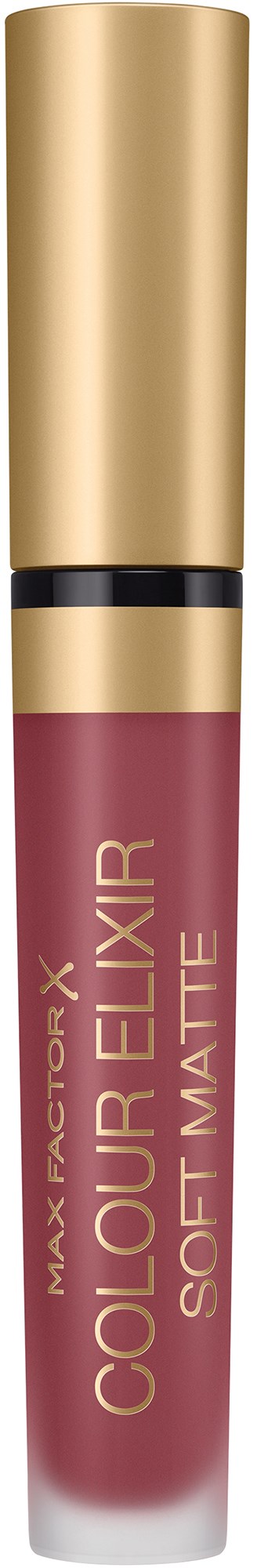 En läppstift med guldlock och ett rosa-brunt rör, märkt Max Factor Colour Elixir, Soft Matte.