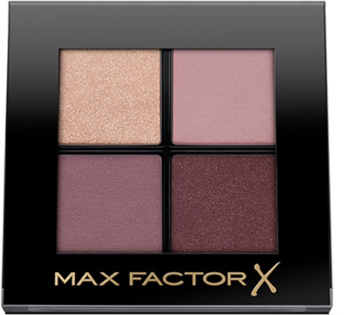 Four pink and purple blushes in a black compact, labeled Max Factor X.