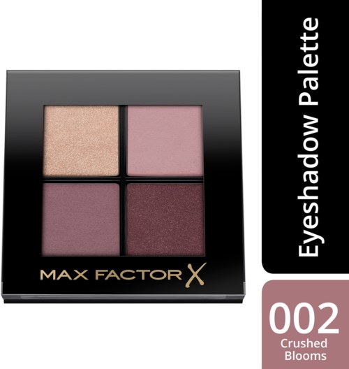 Four pink and purple eyeshadow shades in a black compact with Max Factor X branding.