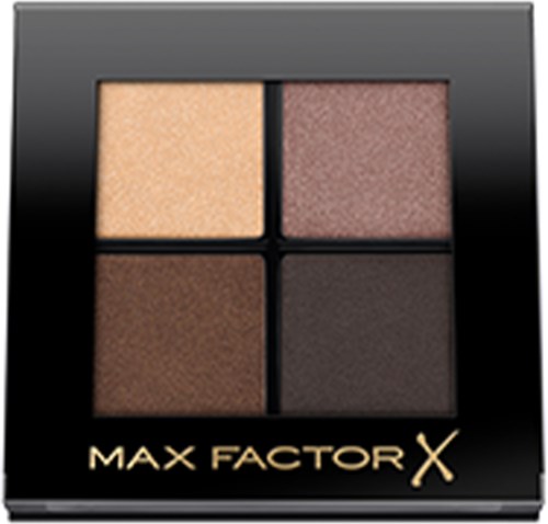 A makeup palette with four shades: beige, pink, brown, and dark brown. Max Factor logo at the bottom.