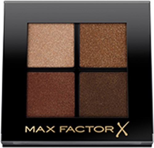 Eine Make-up-Palette mit vier braunen und beigen Lidschatten in einer schwarzen Box, beschriftet 'Max Factor X'.