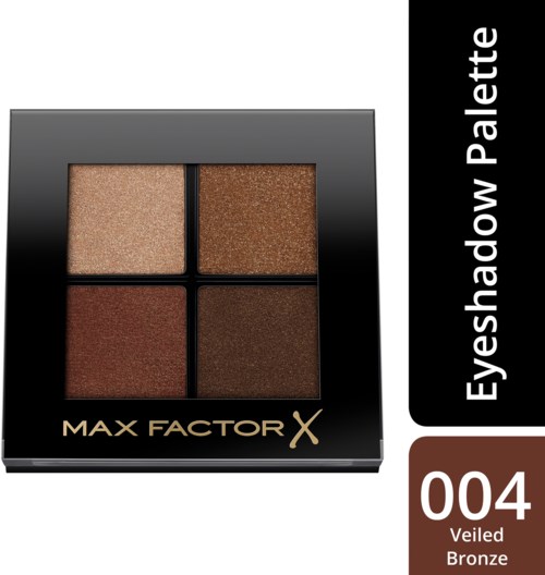 Eine Max Factor X Lidschattenpalette mit vier Farben, bezeichnet als Veiled Bronze, Nummer 004.