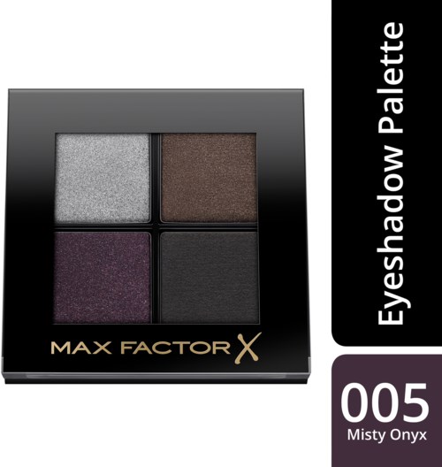 Een compacte oogschaduwpalet met vier kleuren: zilver, bruin, paars en zwart, gelabeld 'Max Factor X' en '005 Misty Onyx.'