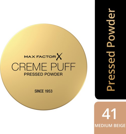 Pyöreä beige purkki Max Factor Creme Puff painosapulverille, jossa on musta ja ruskea etiketti.