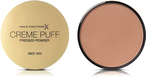 En rund kompakt med beige pressad puder, och ett lock märkt Max Factor Creme Puff Pressed Powder.