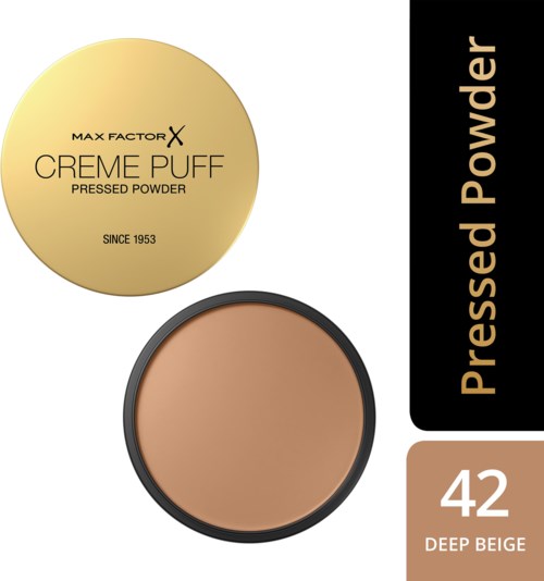 Max Factor X Creme Puff painovoipuuteri syvä beige, metallinen kansi ja musta reunus.