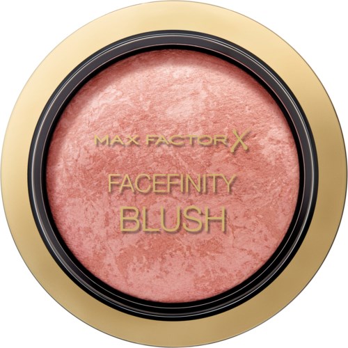 Roze gezichtspoeder in een ronde houder met een gouden deksel. Het label leest 'Max Factor Facefinity Blush.'