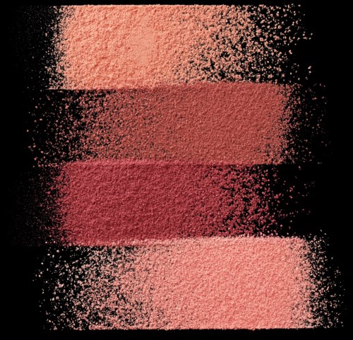 Vier horizontale strepen in blush, koraal, rood en roze met stippen op zwarte achtergrond.