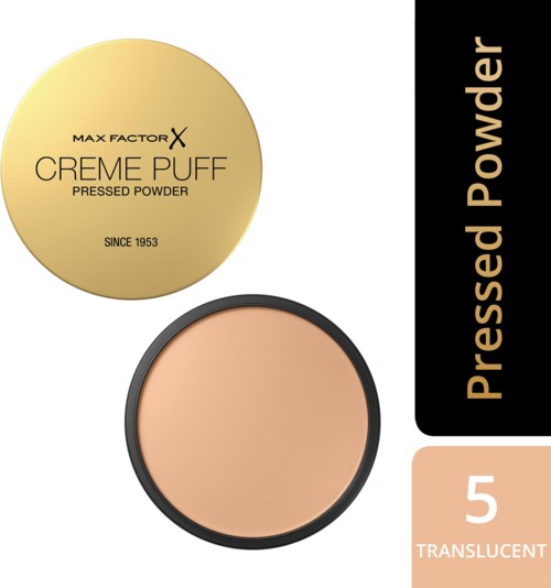Ronde compact met beige pressed poeder en gouden deksel. Label zegt Max Factor Creme Puff. Nummer 5, doorschijnend.