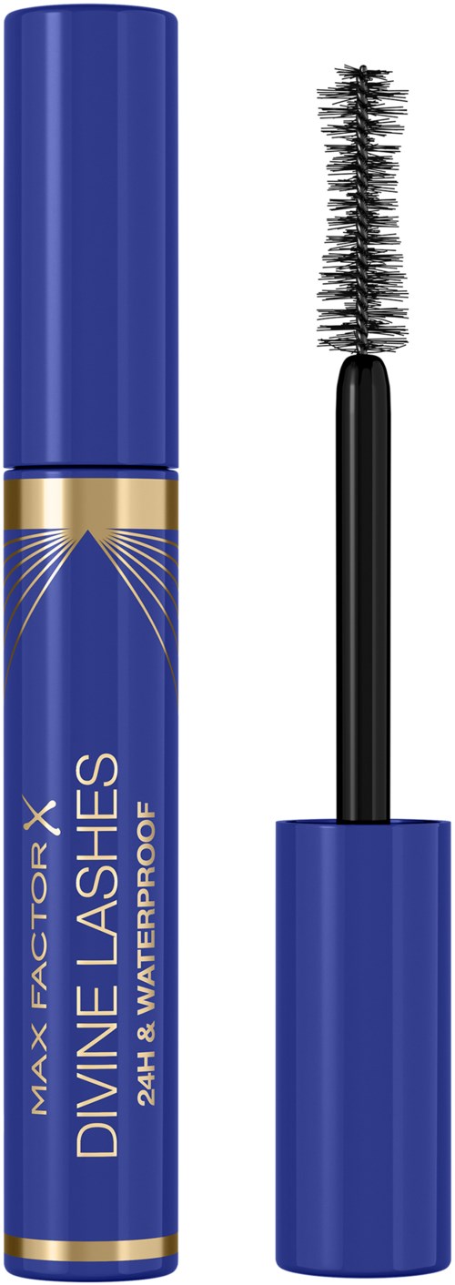 Blauwe mascara-buis met label 'Divine Lashes' en open borsteltje met mascara.
