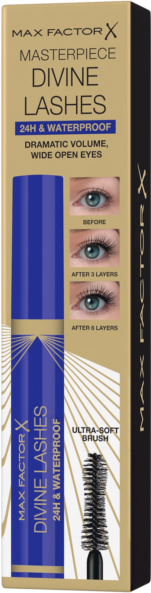 Een doos Max Factor mascara met afbeeldingen van ogen voor en na, inclusief borsteltje.