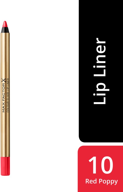 Ein goldener und schwarzer Lippenkonturenstift mit roter Spitze, beschriftet 'Lip Liner' und '10 Red Poppy'