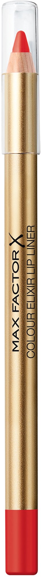 Ein goldfarbener Lippenstiftstift mit roter Spitze und Kappe, Beschriftung "MAX FACTOR X" und "COLOR FINISH LINER".