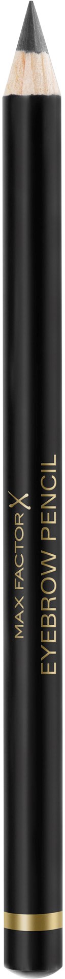 Een zwarte wenkbrauwpotlood met spits uiteinde, goud en zwart, label 'MAX FACTOR X EYEBROW PENCIL'.
