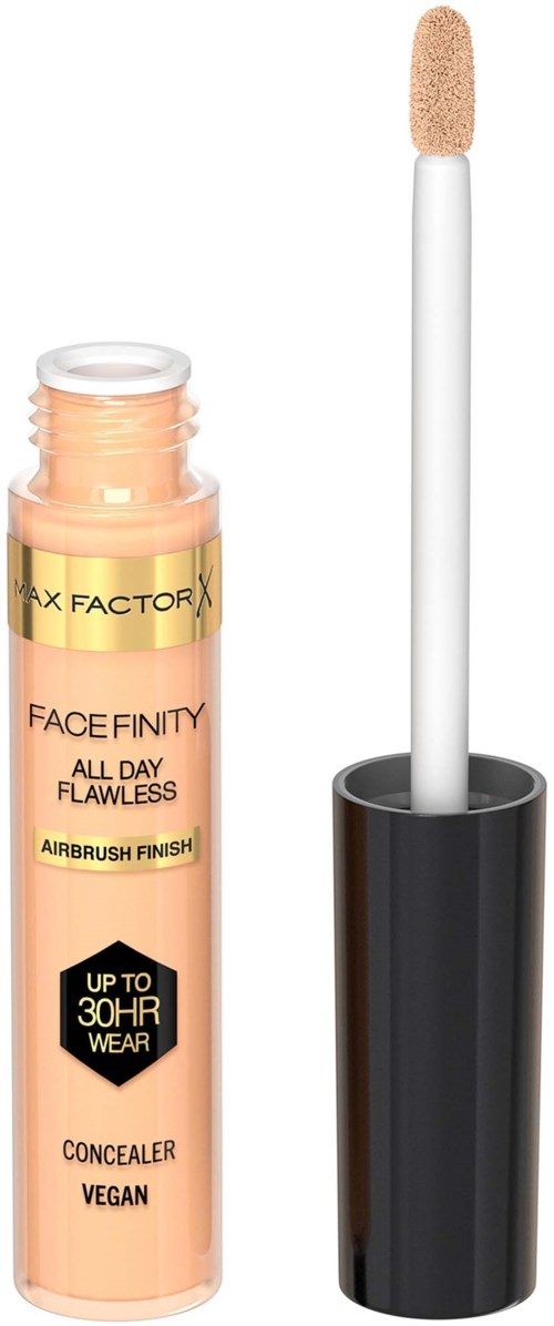Lip gloss tube with applicator, labeled as face makeup, vegan, long-lasting, and concealer.