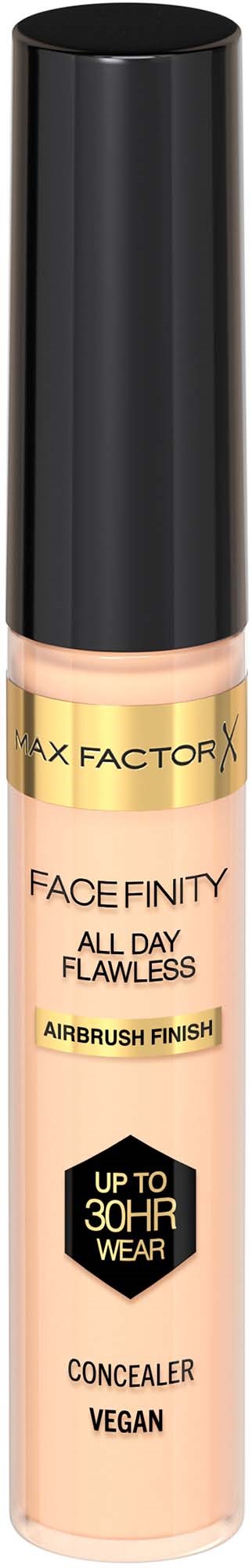 A beige concealer bottle with a black cap and gold accents, labeled as FaceFinty, vegan, with 30-hour wear.