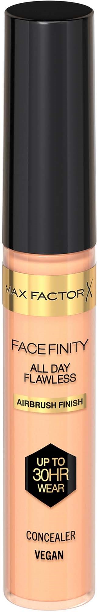 Een lipconcealer met een zwarte dop, gemarkeerd als Facefinity, tot 30 uur draagkracht, veganistisch, luchtbost finish.