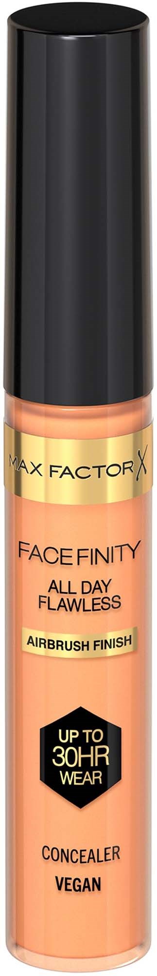 A tube of Facefinity concealer with a black cap, peach-colored body, and gold label, stating up to 30 hours wear.