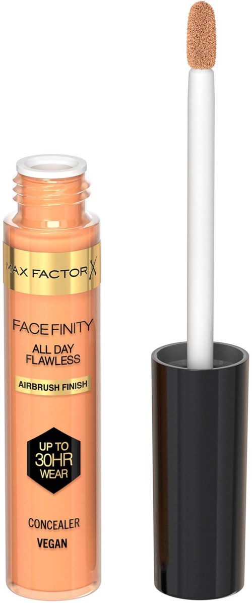 Lip gloss with sponge applicator, labeled Max Factor Face Finity, vegan, lasts up to 30 hours.
