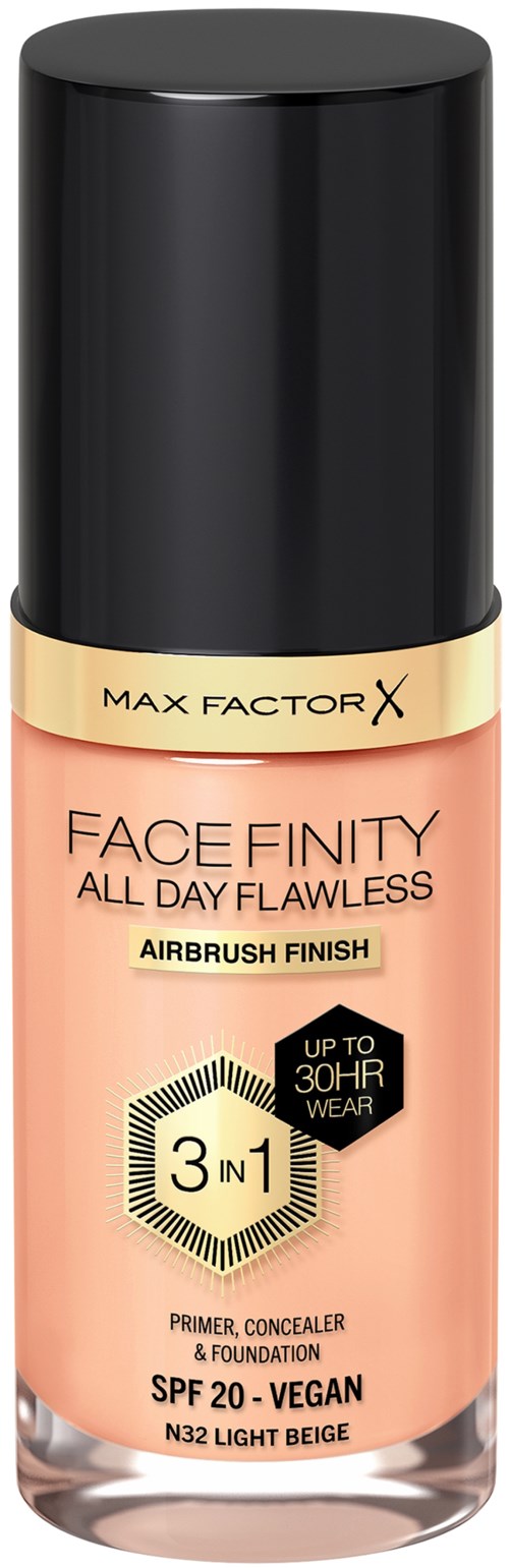 Eine beigen Flasche mit schwarzem Deckel enthält Make-up-Primer, Concealer, Foundation, SPF 20, Vegan, für ein natürliches Aussehen.