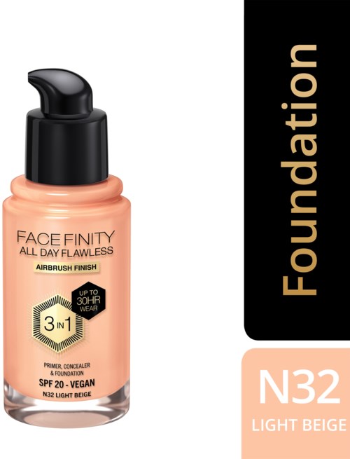 Eine Flasche Make-up mit Pumpe, beschriftet 'Face Finity All Day Flawless' in hellbeige.