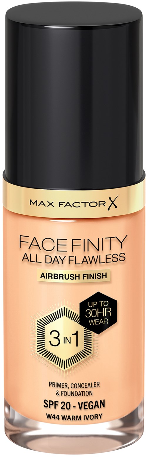 Ein Make-up-Flasche mit schwarzem Deckel, beiger Etikette und Markenname Max Factor X. Es ist Primer, Concealer und Foundation.