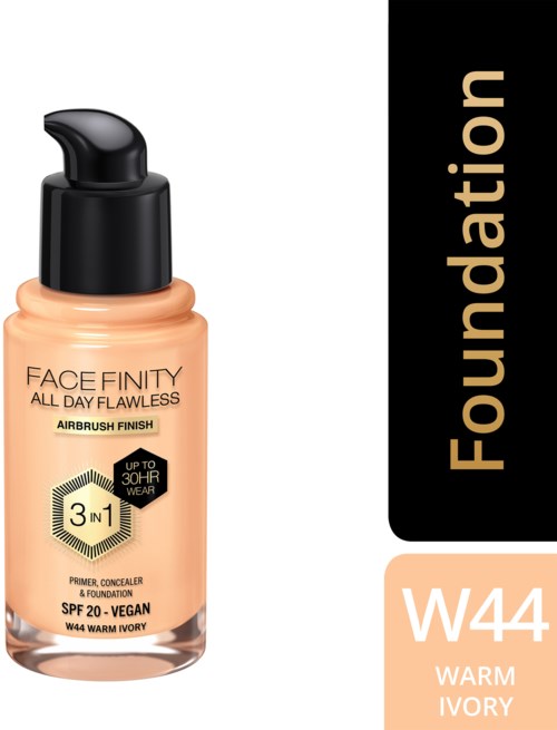 Eine Flasche Face Finity Foundation mit schwarzen Pumpspender, pfirsichfarbene Flüssigkeit und Etikett mit Angaben zu Wasser und veganer Formel.