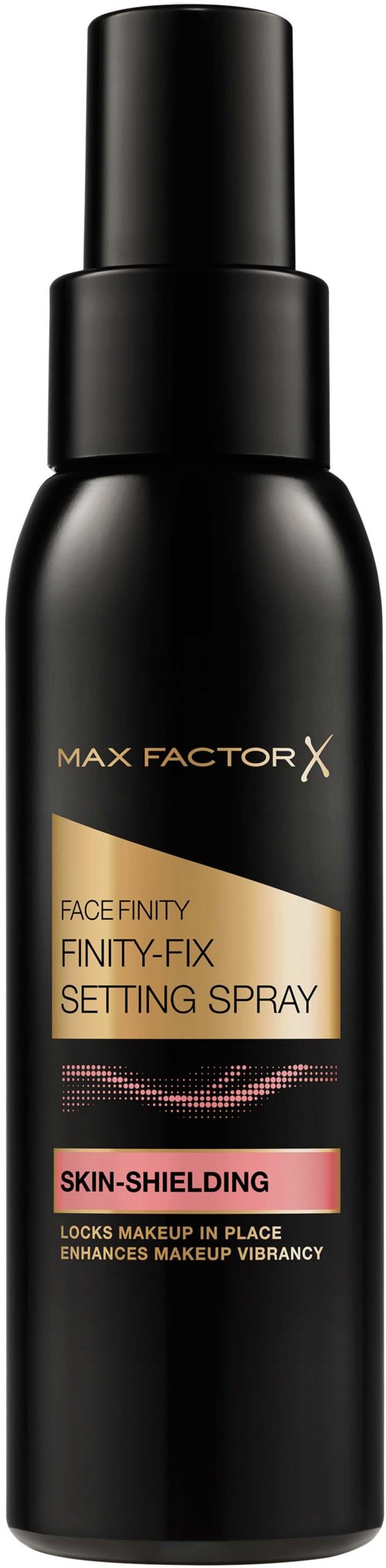 En svart sprayflaske med gull og rosa etiketter, kalt Max Factor X, for ansiktsspray. Den gjør sminken mer holdbar.