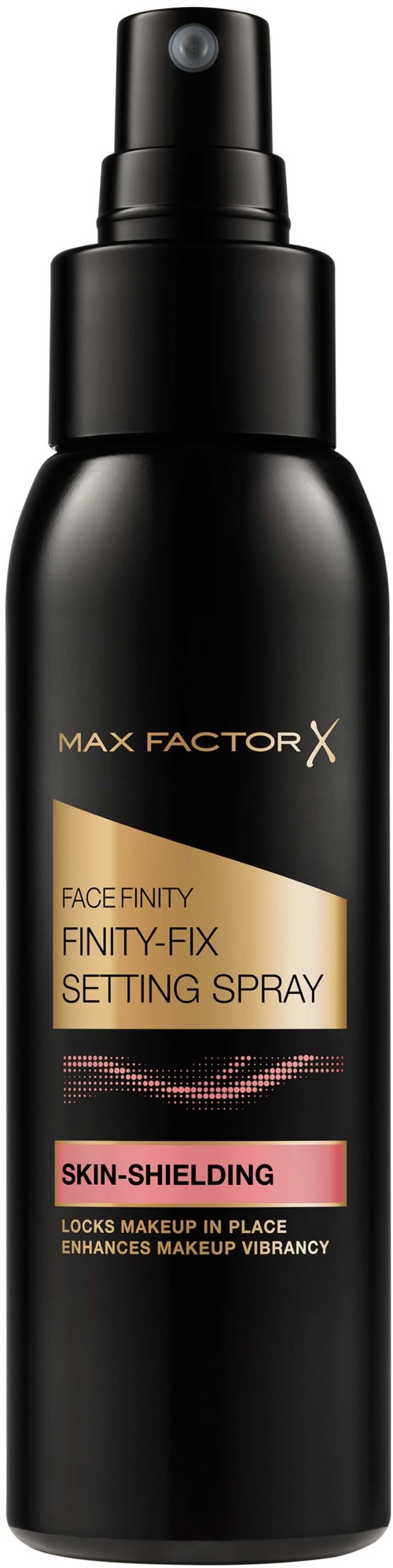 En svart sprayflaske med gullig og rød etikett, kalt MAX FACTOR X, for å sette sminke og gjøre den mer holdbar.