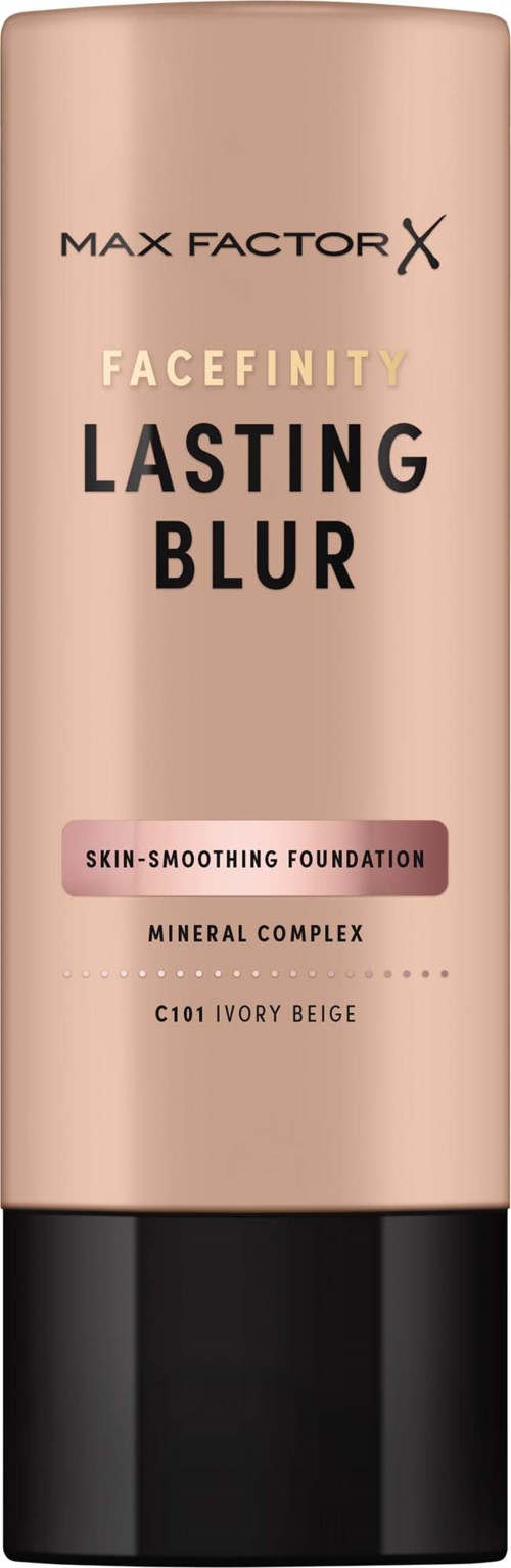 Max Factor X Facefinity Lasting Blur foundation i Ivory Beige i flaske med rosa merking og svart lokk.