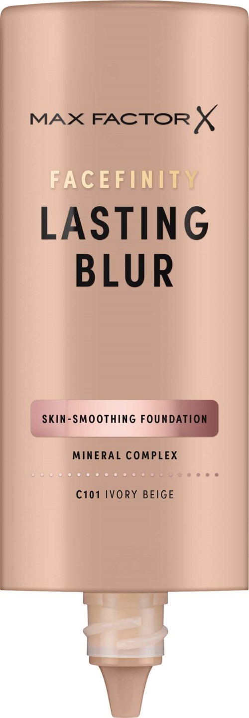 Rørsle av Facefinity Lasting Blur foundation i ivory beige med beige hette.